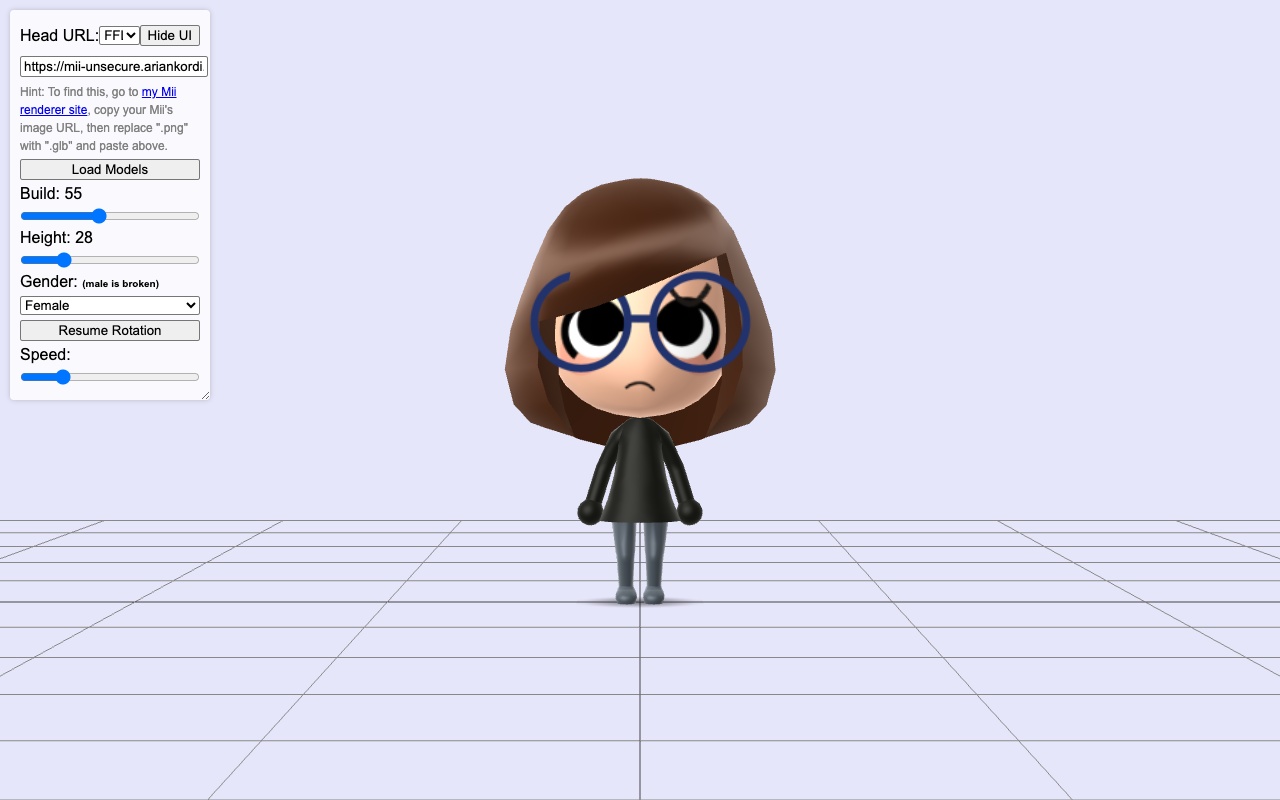 Mii body, accurate scaling, shaders, shadow, head from glTF